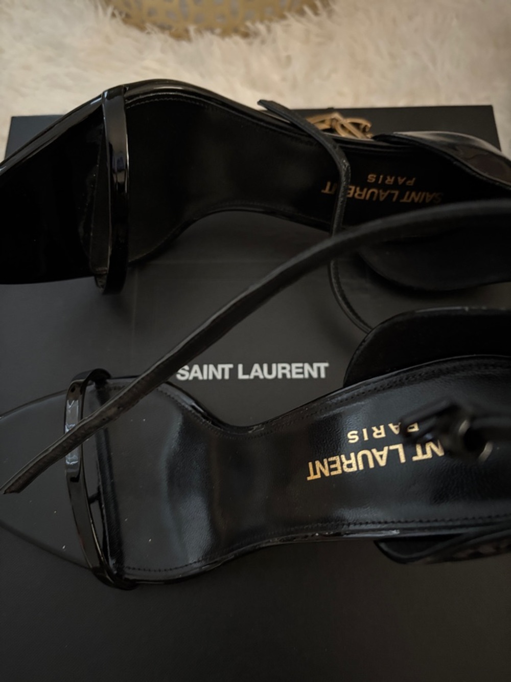 Saint Laurent Black Patent Leather Strappy Heels